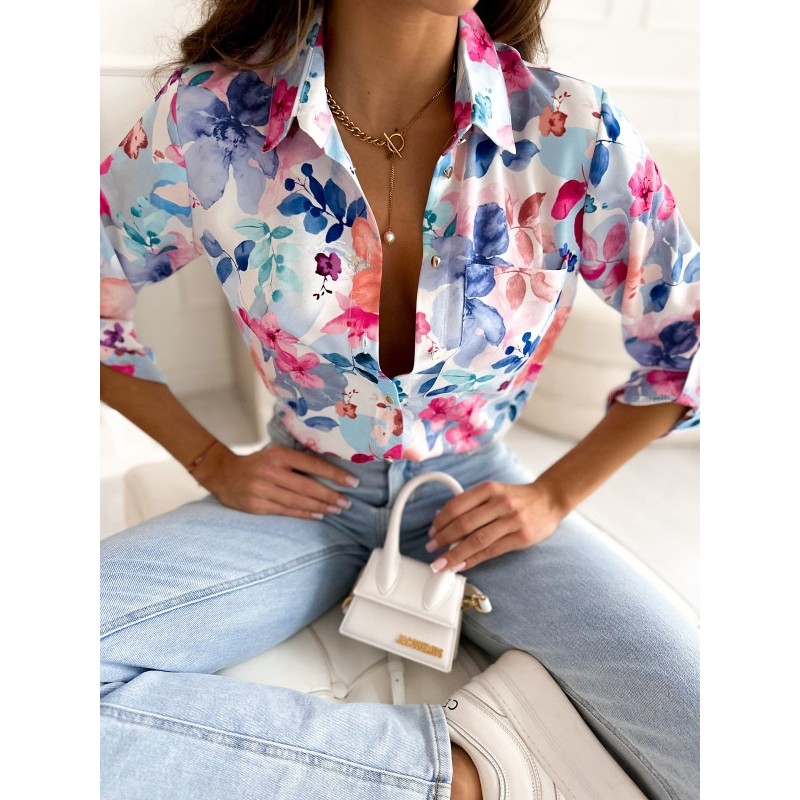 Summer Women Fashion Floral Print Lapel Long Sleeve Shirt