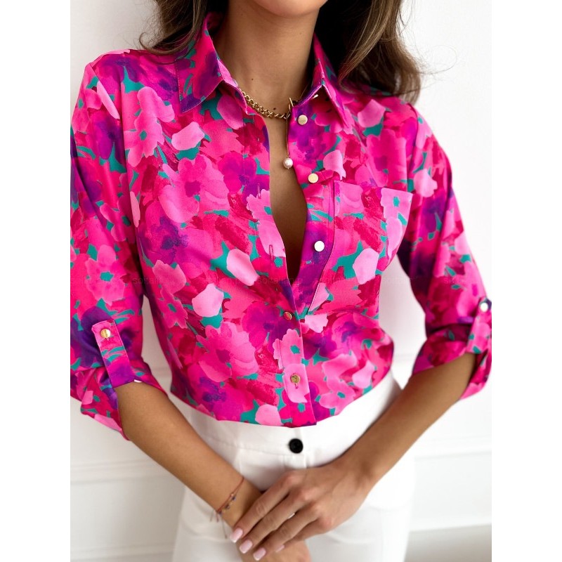 Summer Women Fashion Floral Print Lapel Long Sleeve Shirt