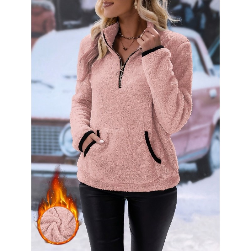 Autumn Winter Women Fashion Solid Color Plush Half Zip Long Sleeve Sweatshirt