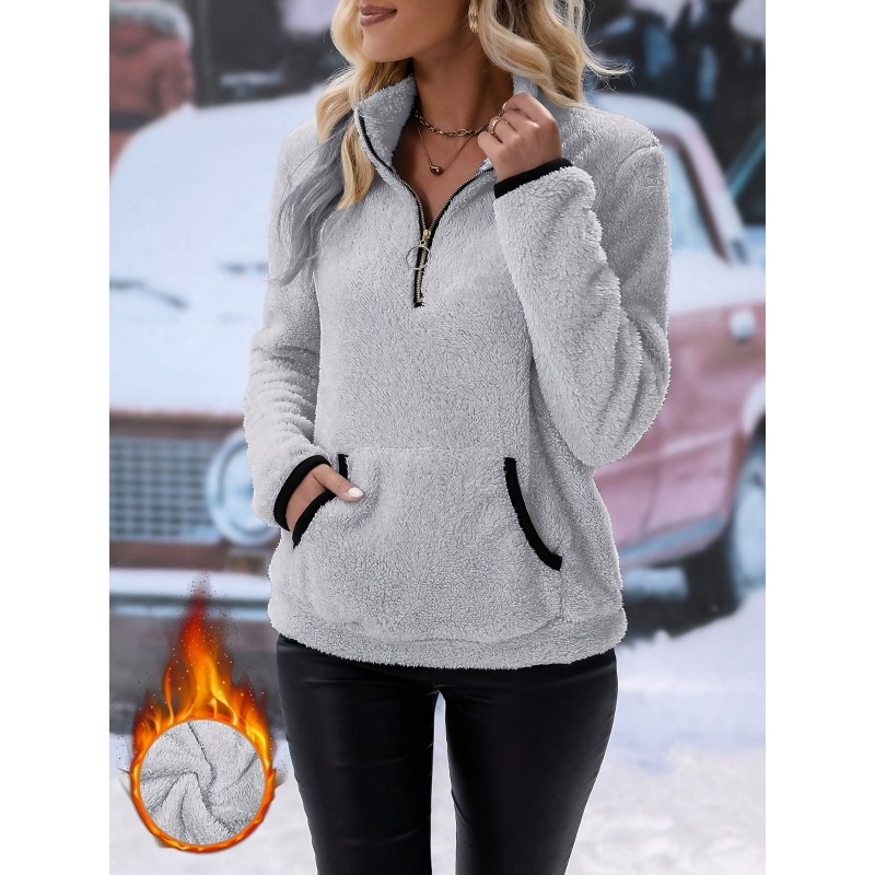 Autumn Winter Women Fashion Solid Color Plush Half Zip Long Sleeve Sweatshirt