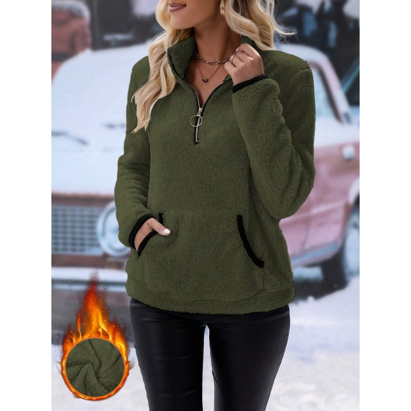 Autumn Winter Women Fashion Solid Color Plush Half Zip Long Sleeve Sweatshirt