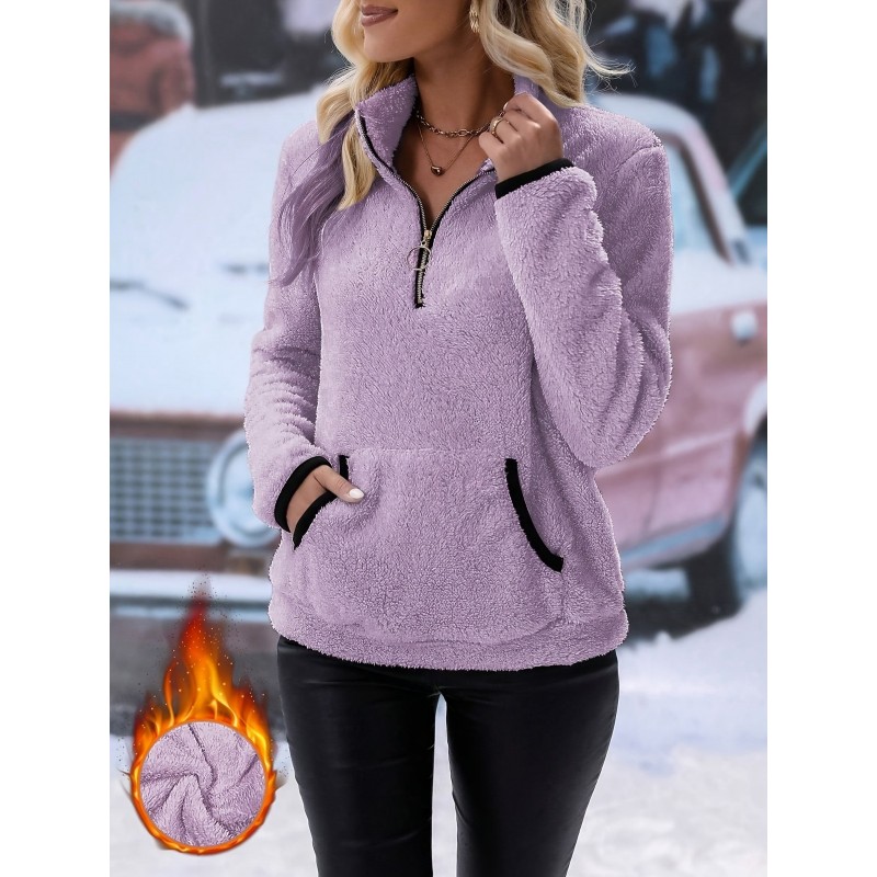 Autumn Winter Women Fashion Solid Color Plush Half Zip Long Sleeve Sweatshirt