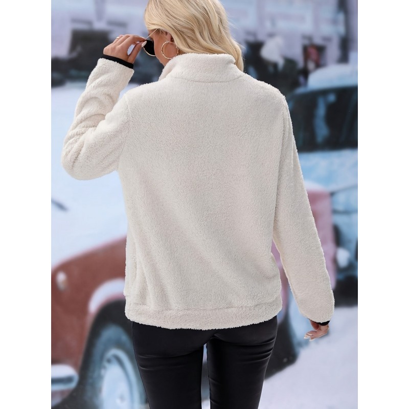 Autumn Winter Women Fashion Solid Color Plush Half Zip Long Sleeve Sweatshirt