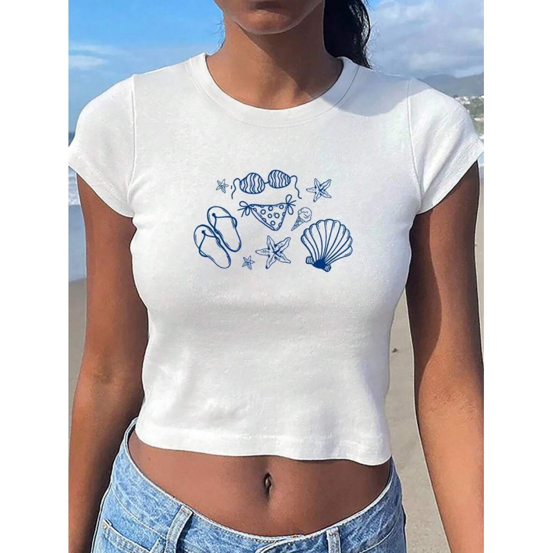 Summer Women Casual Letter Floral Print Round Neck Short Sleeve Crop T-Shirt