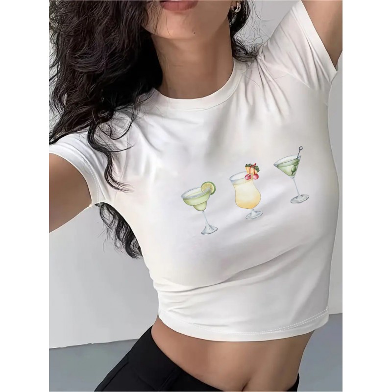 Summer Women Casual Letter Floral Print Round Neck Short Sleeve Crop T-Shirt