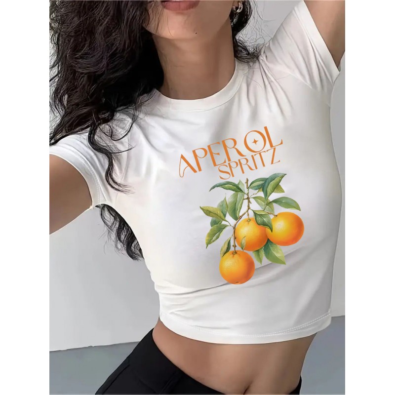 Summer Women Casual Letter Floral Print Round Neck Short Sleeve Crop T-Shirt