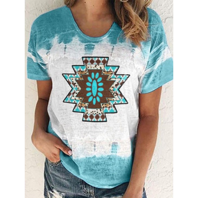 Women Fashion Round Neck Geometry Printing Western Style Short Sleeve T-Shirt